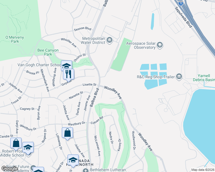 map of restaurants, bars, coffee shops, grocery stores, and more near 12824 Woodley Avenue in Los Angeles