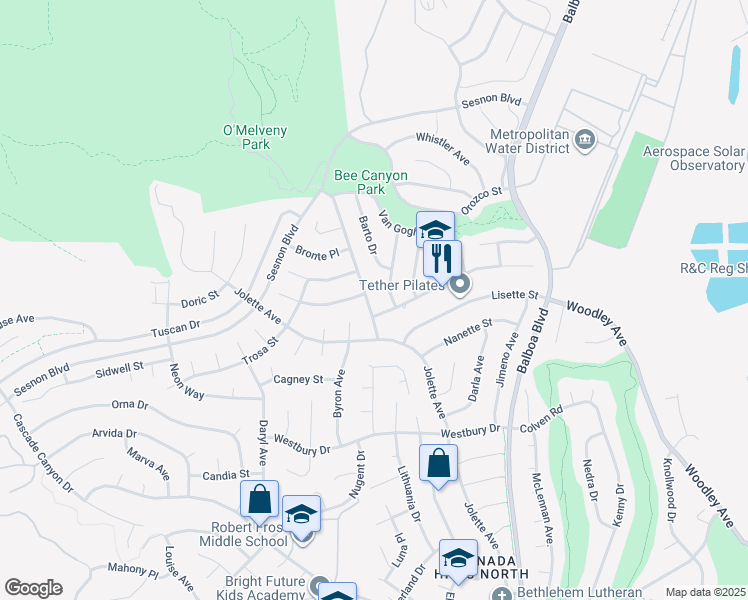 map of restaurants, bars, coffee shops, grocery stores, and more near 12818 Meadowlark Avenue in Los Angeles