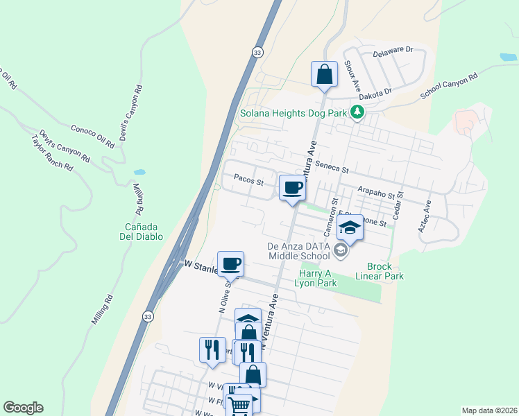 map of restaurants, bars, coffee shops, grocery stores, and more near 146 West Shoshone Street in Ventura