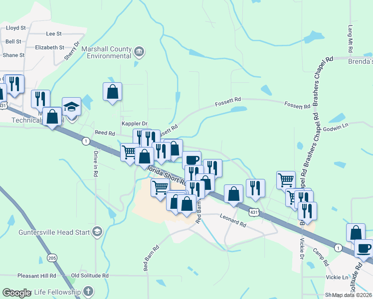 map of restaurants, bars, coffee shops, grocery stores, and more near 507 Reed Road in Guntersville