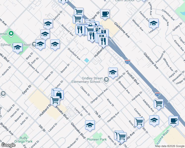 map of restaurants, bars, coffee shops, grocery stores, and more near 2024 8th Street in San Fernando