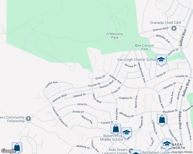map of restaurants, bars, coffee shops, grocery stores, and more near 17557 Doric Street in Los Angeles