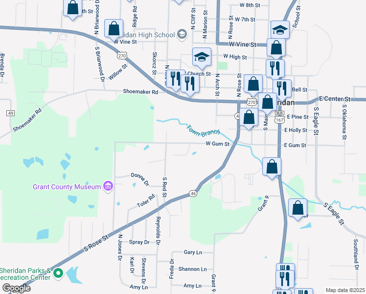 map of restaurants, bars, coffee shops, grocery stores, and more near 701 West Gum Street in Sheridan