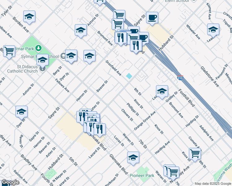 map of restaurants, bars, coffee shops, grocery stores, and more near 13908 Aztec Street in Los Angeles