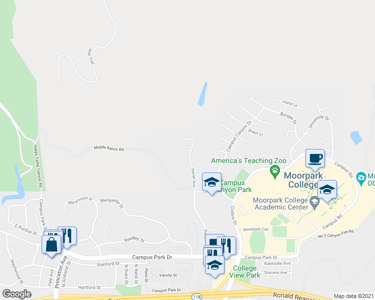 map of restaurants, bars, coffee shops, grocery stores, and more near 15150 Collegiate Circle in Moorpark
