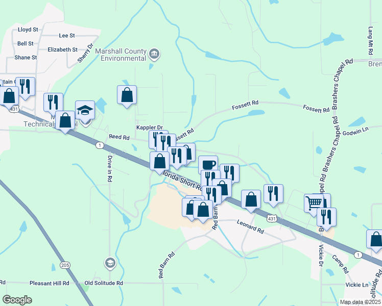 map of restaurants, bars, coffee shops, grocery stores, and more near 607 Reed Road in Guntersville