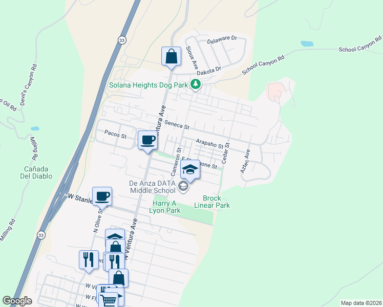 map of restaurants, bars, coffee shops, grocery stores, and more near 2336 Pima Lane in Ventura