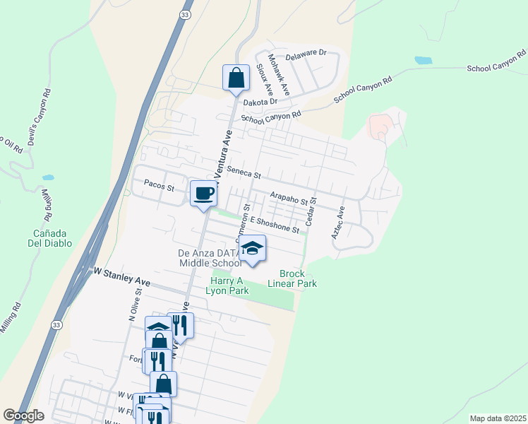 map of restaurants, bars, coffee shops, grocery stores, and more near 2336 Pima Lane in Ventura