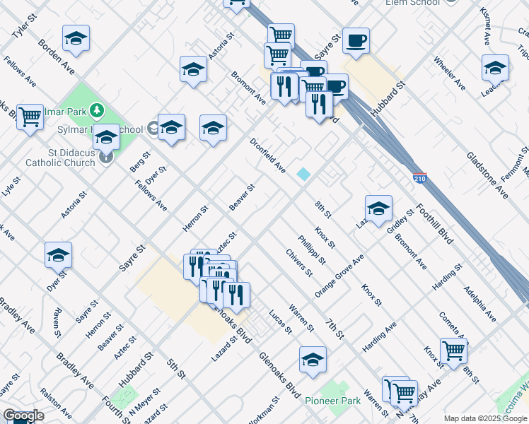 map of restaurants, bars, coffee shops, grocery stores, and more near 13908 Aztec Street in Los Angeles