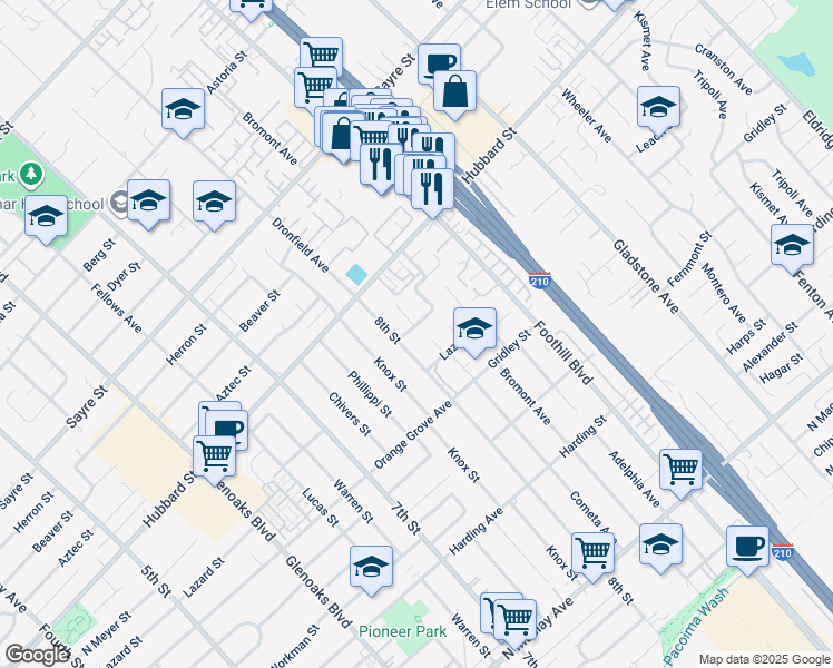 map of restaurants, bars, coffee shops, grocery stores, and more near 13664 Leach Street in San Fernando