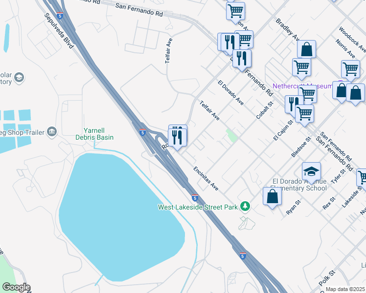 map of restaurants, bars, coffee shops, grocery stores, and more near 15879 Larkspur St in Los Angeles