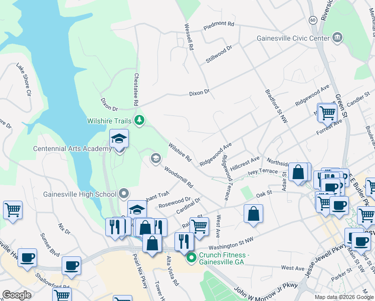 map of restaurants, bars, coffee shops, grocery stores, and more near 708 Wilshire Place Northwest in Gainesville