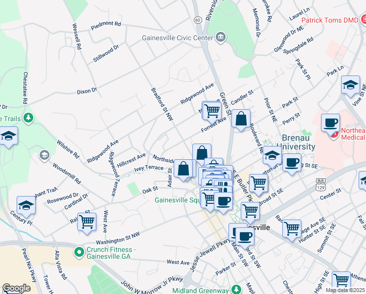 map of restaurants, bars, coffee shops, grocery stores, and more near 535 Forrest Avenue in Gainesville