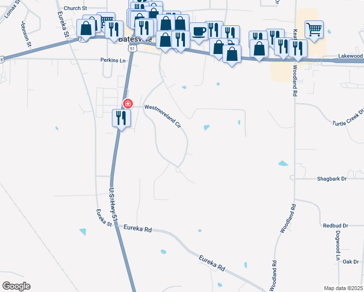 map of restaurants, bars, coffee shops, grocery stores, and more near 222 Westmoreland Circle in Batesville
