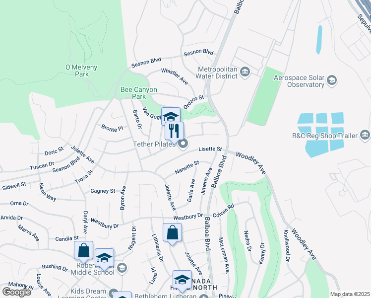 map of restaurants, bars, coffee shops, grocery stores, and more near 17101 Lisette Street in Los Angeles