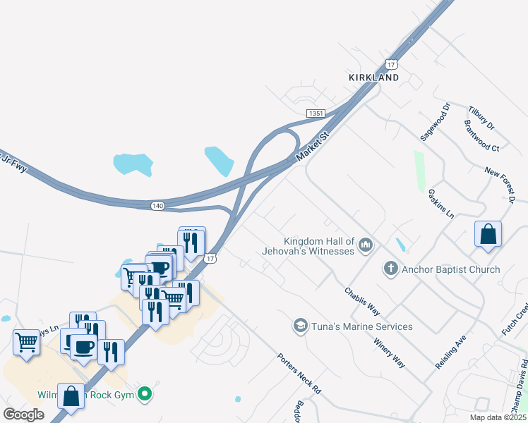 map of restaurants, bars, coffee shops, grocery stores, and more near Bison Court in Wilmington
