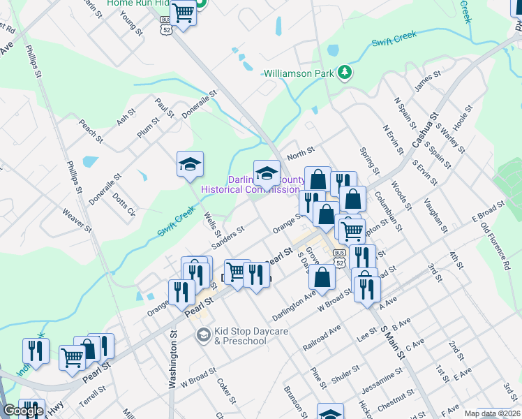 map of restaurants, bars, coffee shops, grocery stores, and more near 120 Saint Johns Street in Darlington