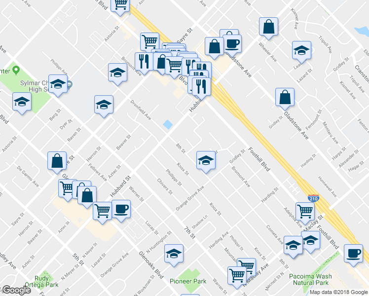 map of restaurants, bars, coffee shops, grocery stores, and more near 2017 8th Street in San Fernando