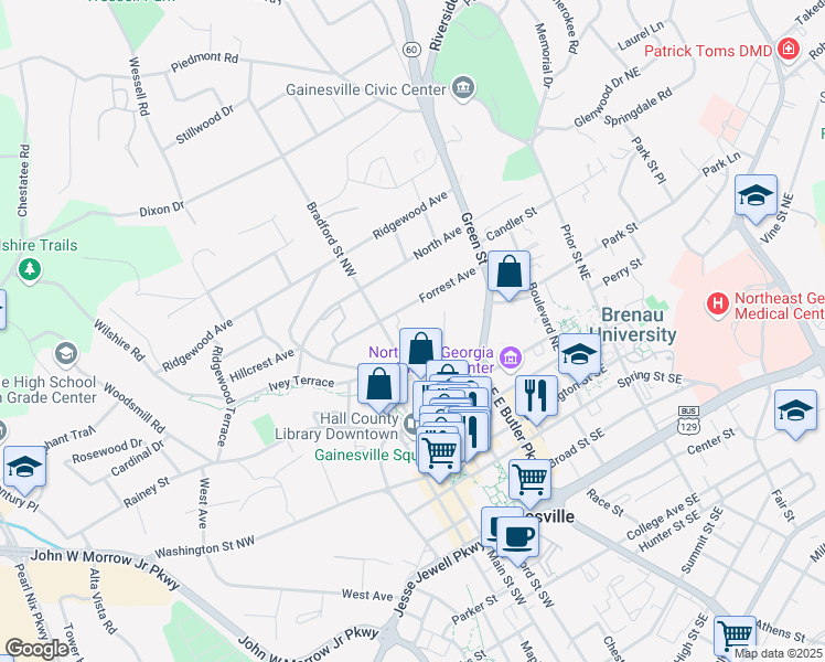 map of restaurants, bars, coffee shops, grocery stores, and more near 407 Forrest Lane in Gainesville