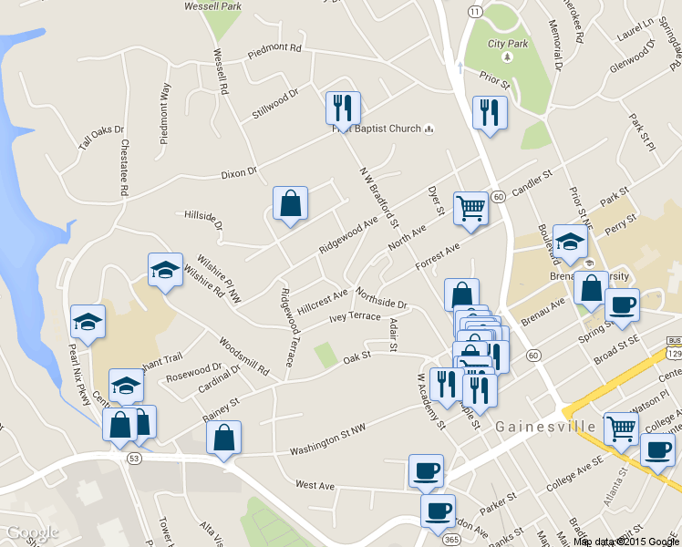 map of restaurants, bars, coffee shops, grocery stores, and more near 539 Northside Drive in Gainesville