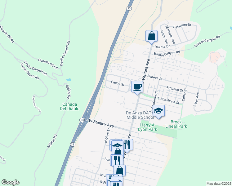 map of restaurants, bars, coffee shops, grocery stores, and more near 210 West Shoshone Street in Ventura