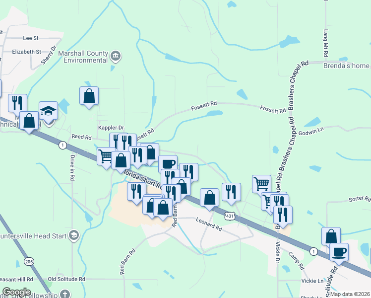map of restaurants, bars, coffee shops, grocery stores, and more near 450 Reed Rd in Guntersville