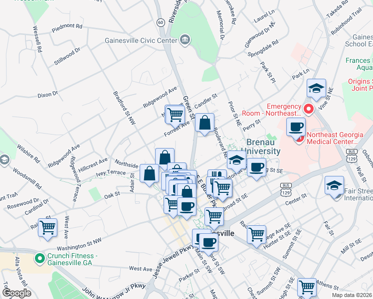 map of restaurants, bars, coffee shops, grocery stores, and more near in Gainesville