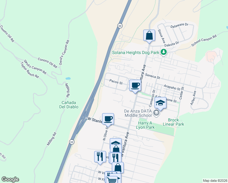 map of restaurants, bars, coffee shops, grocery stores, and more near 210 West Shoshone Street in Ventura