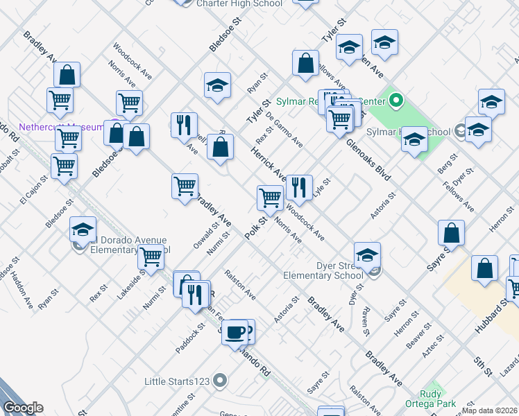 map of restaurants, bars, coffee shops, grocery stores, and more near 14771 Polk Street in Los Angeles