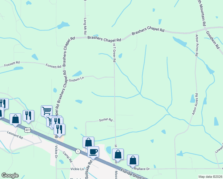 map of restaurants, bars, coffee shops, grocery stores, and more near 648 H T Greer Road in Albertville