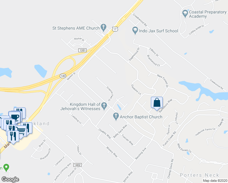 map of restaurants, bars, coffee shops, grocery stores, and more near 8634 Grayson Park Drive in Wilmington