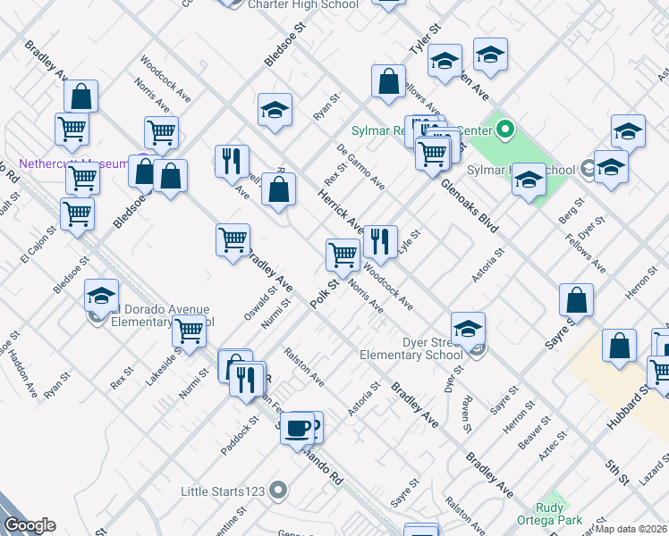 map of restaurants, bars, coffee shops, grocery stores, and more near 14771 Polk Street in Los Angeles
