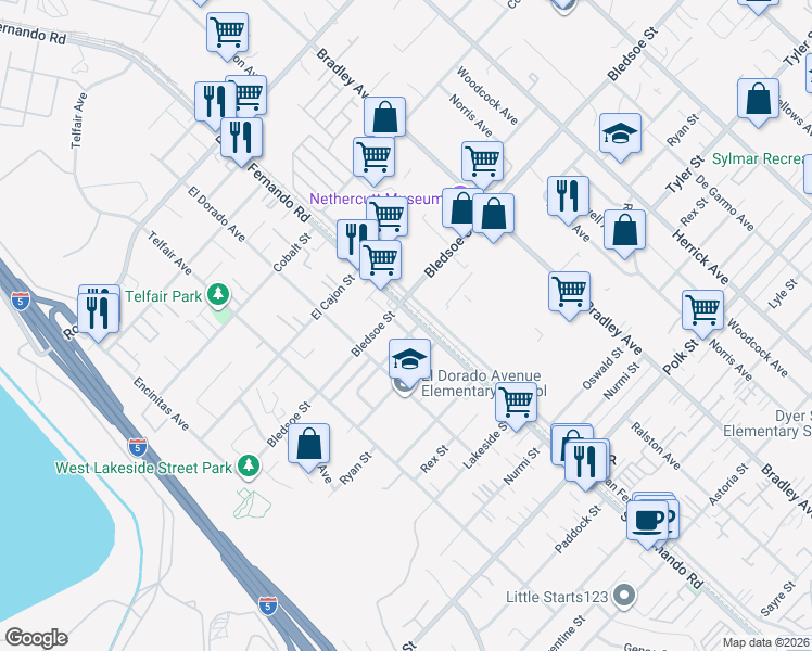 map of restaurants, bars, coffee shops, grocery stores, and more near 15210 La Valle Street in Los Angeles