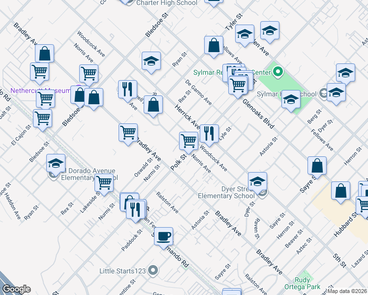 map of restaurants, bars, coffee shops, grocery stores, and more near 14771 Polk Street in Los Angeles