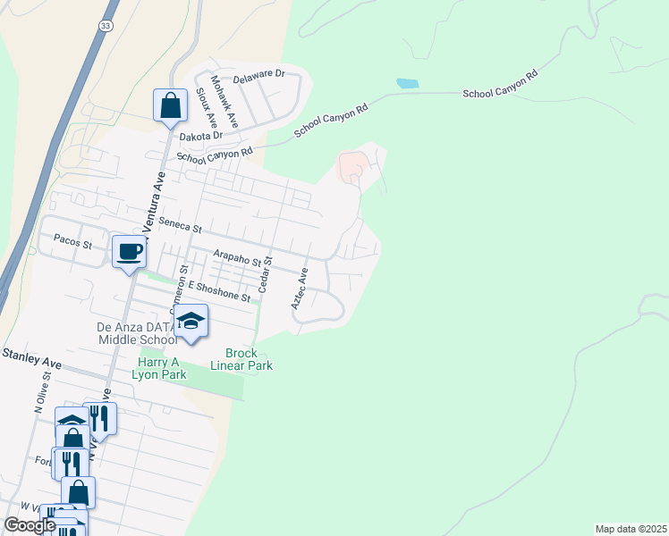 map of restaurants, bars, coffee shops, grocery stores, and more near 707 Algonquian Street in Ventura