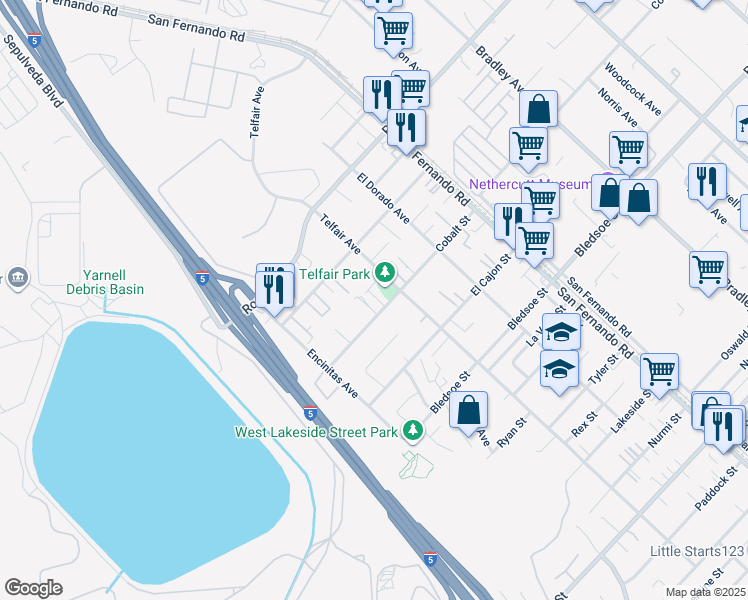 map of restaurants, bars, coffee shops, grocery stores, and more near 15721 Cobalt Street in Los Angeles