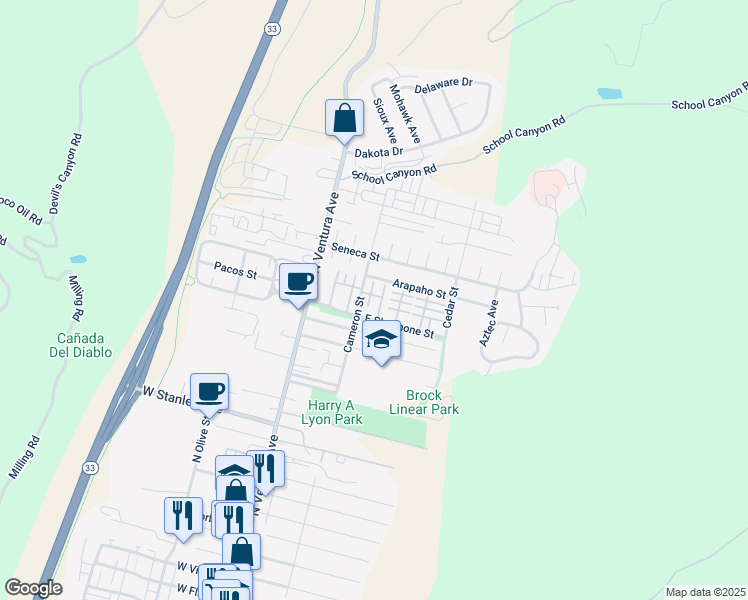 map of restaurants, bars, coffee shops, grocery stores, and more near 210 Ute Lane in Ventura