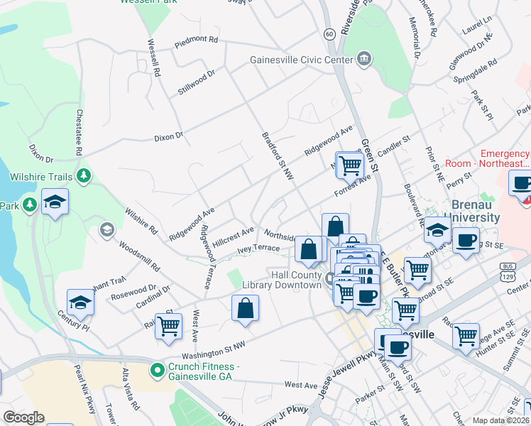 map of restaurants, bars, coffee shops, grocery stores, and more near 565 North Avenue in Gainesville
