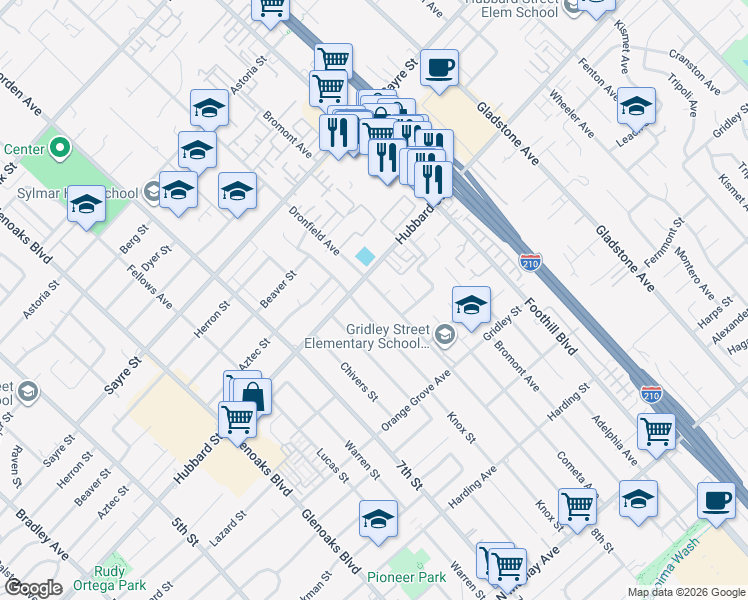 map of restaurants, bars, coffee shops, grocery stores, and more near 2024 8th Street in San Fernando