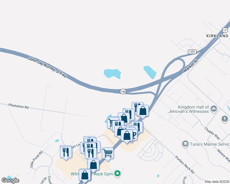 map of restaurants, bars, coffee shops, grocery stores, and more near John Jay Burney Junior Freeway in Castle Hayne