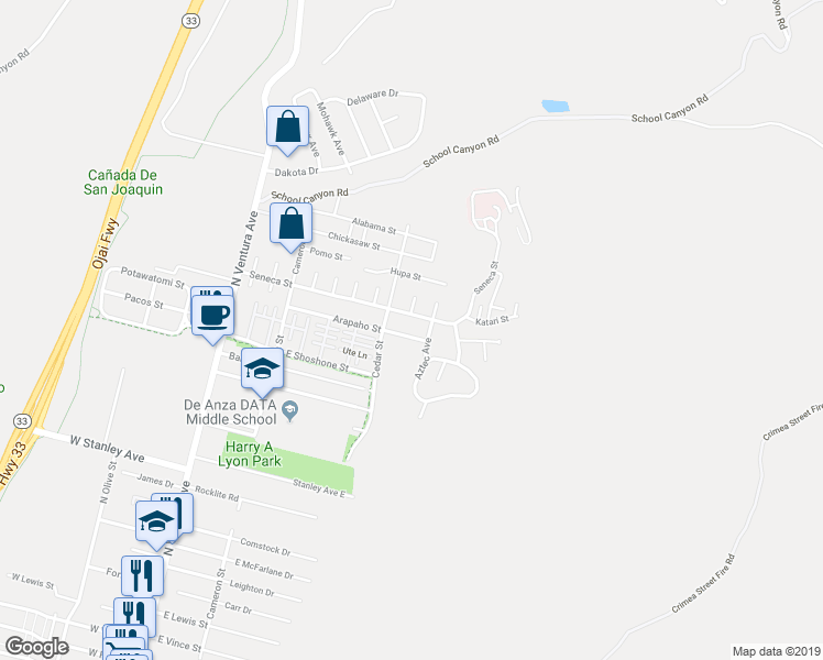 map of restaurants, bars, coffee shops, grocery stores, and more near 529 Arapaho Street in Ventura