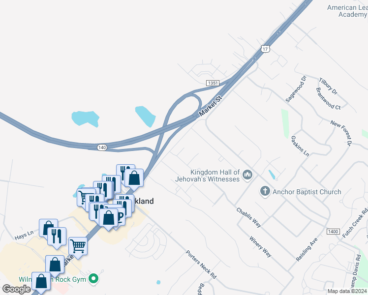 map of restaurants, bars, coffee shops, grocery stores, and more near Bison Court in Wilmington