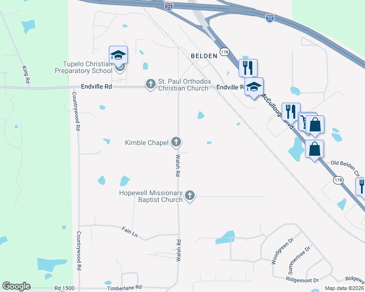 map of restaurants, bars, coffee shops, grocery stores, and more near Hodges Drive in Tupelo