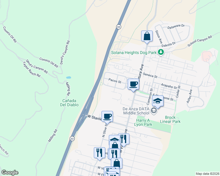 map of restaurants, bars, coffee shops, grocery stores, and more near 266 West Shoshone Street in Ventura