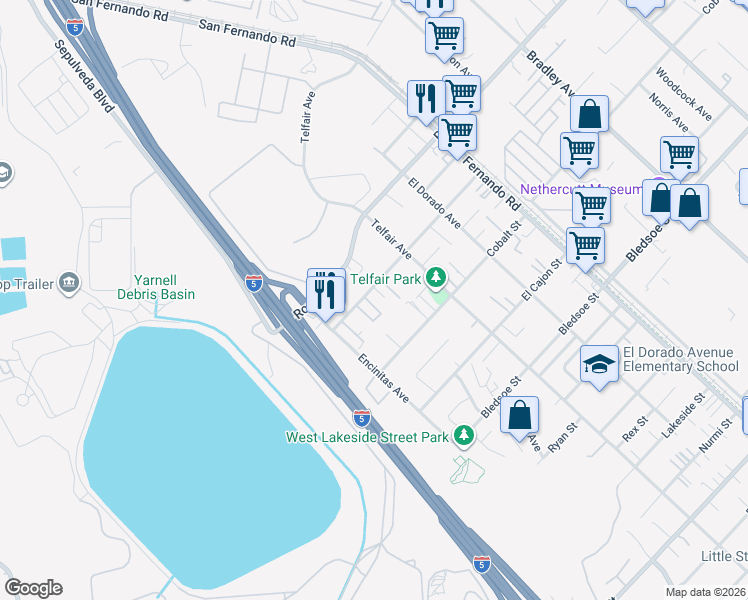 map of restaurants, bars, coffee shops, grocery stores, and more near 15721 Cobalt Street in Los Angeles