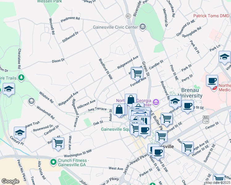 map of restaurants, bars, coffee shops, grocery stores, and more near 535 Forrest Avenue in Gainesville
