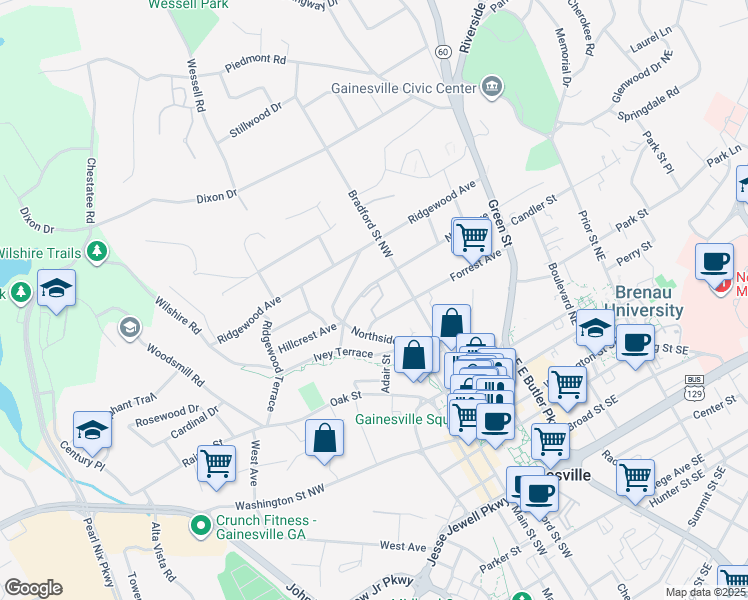 map of restaurants, bars, coffee shops, grocery stores, and more near 512 Northside Drive in Gainesville