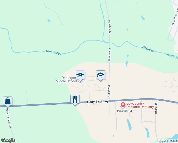 map of restaurants, bars, coffee shops, grocery stores, and more near 150 Pinedale Drive in Darlington