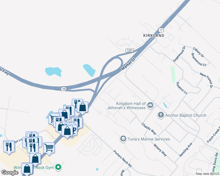 map of restaurants, bars, coffee shops, grocery stores, and more near 8517 Bison Court in Wilmington