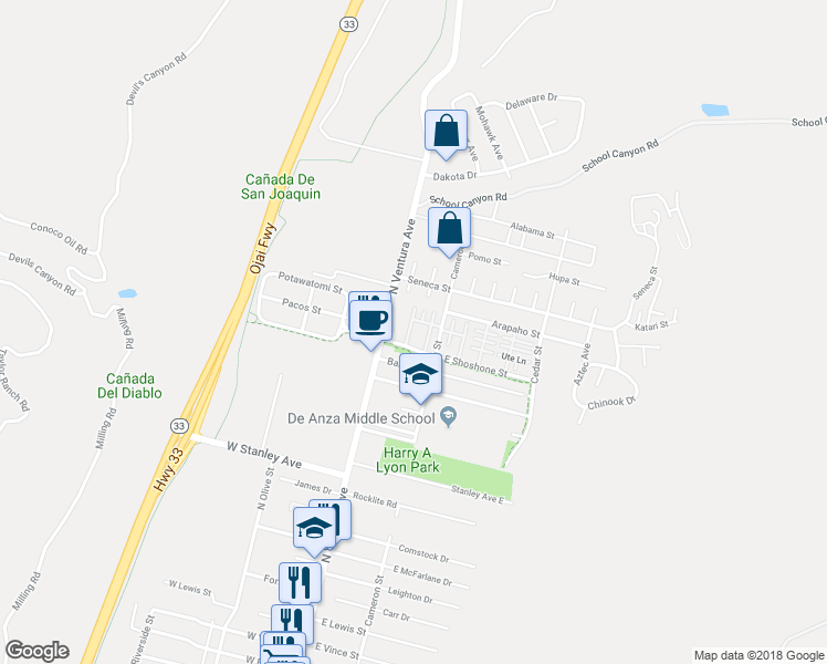 map of restaurants, bars, coffee shops, grocery stores, and more near 2350 Hopi Lane in Ventura